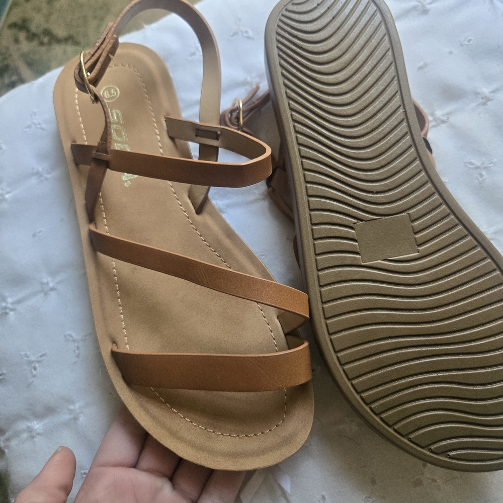 SODA Women's Tan Strappy Flat Sandals - Picture 3 of 5